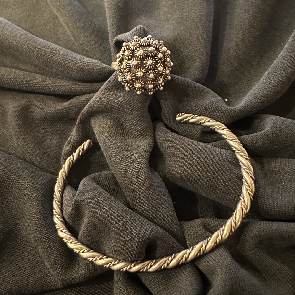 SET: Vintage sterling silver braided wire cuff bracelet & adjustable dome ring